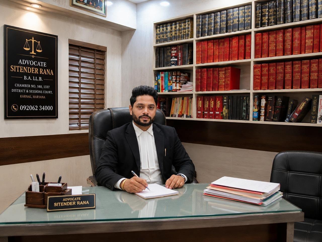 Advocate Sitender Rana reviewing case documents